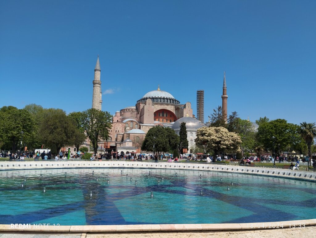 Interior of Hagia Sophia Mosque in Istanbul with grand dome and historic architecture