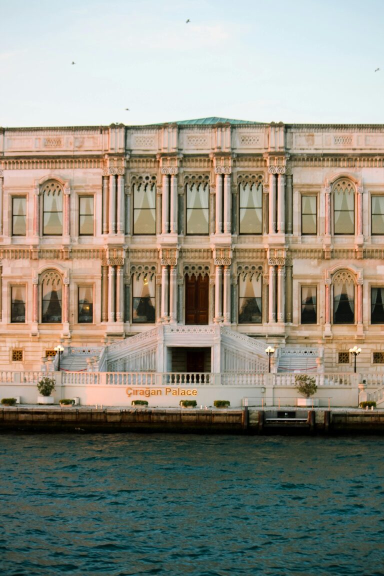 Ciragan Palace Kempinski Istanbul exterior view on the Bosphorus, historic Ottoman palace luxury hotel in Istanbul